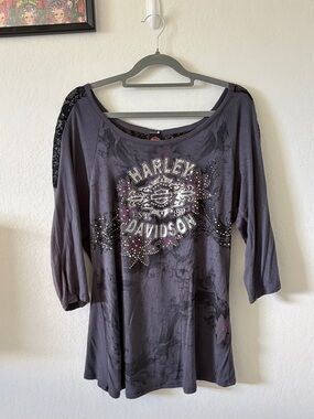 HARLEY-DAVIDSON Rhinestone Lace Back 3/4 Sleeve Top Y2K Biker Grunge Gray S/M
